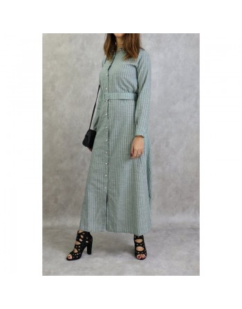 Robe-Chemise en coton à fines rayures blanches de couleur vert kaki avec ceinture assortie 