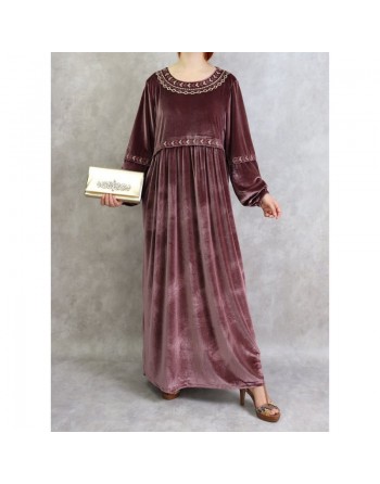 Robe longue en velours avec broderies - Couleur Vieux Rose 