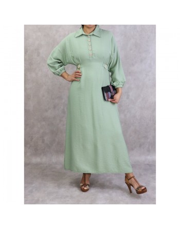 Robe longue casual col chemise pour femmes - Couleur Vert amande 