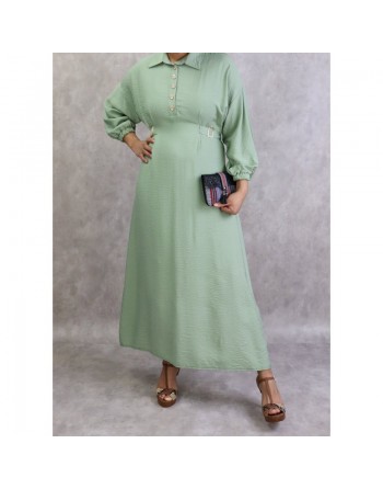 Robe longue casual col chemise pour femmes - Couleur Vert amande 