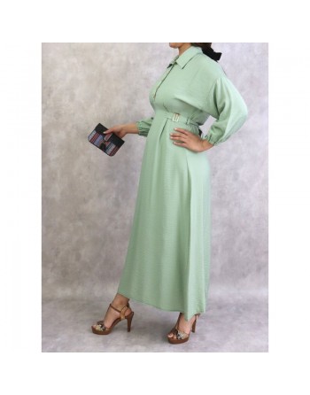 Robe longue casual col chemise pour femmes - Couleur Vert amande 