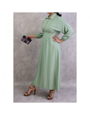 Robe longue casual col chemise pour femmes - Couleur Vert amande 