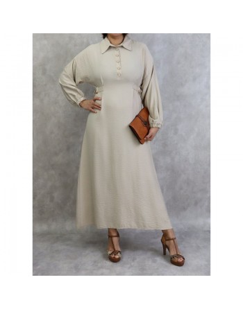 Robe longue casual col chemise pour femme - Couleur Beige 