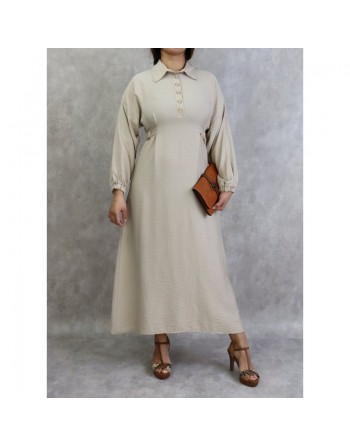 Robe longue casual col chemise pour femme - Couleur Beige 