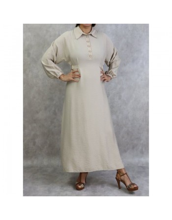Robe longue casual col chemise pour femme - Couleur Beige 