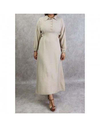Robe longue casual col chemise pour femme - Couleur Beige 