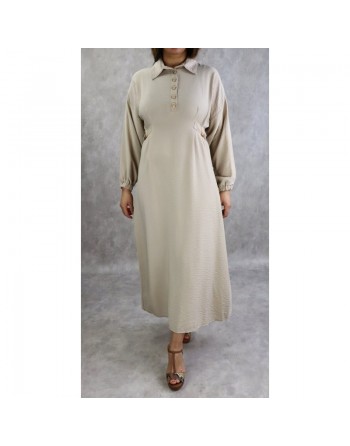 Robe longue casual col chemise pour femme - Couleur Beige 