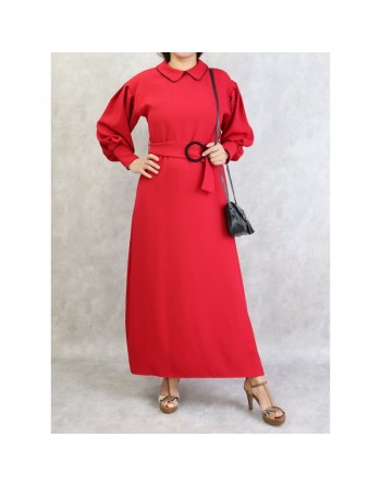 Robe longe ceinturée boucle écaille - Couleur Rouge 