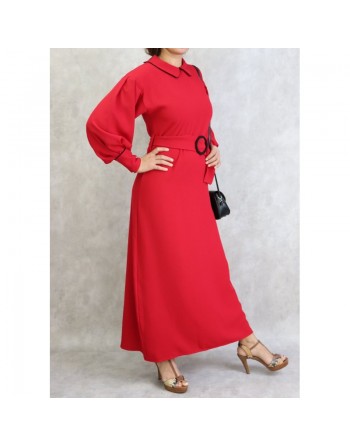Robe longe ceinturée boucle écaille - Couleur Rouge 