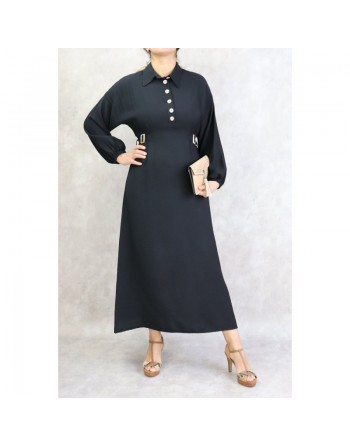 Robe longue casual col chemise pour femme - Couleur Noir 
