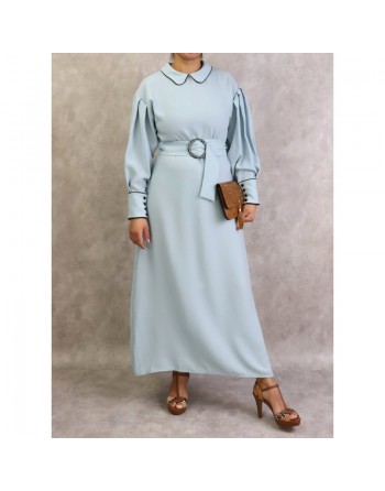 Robe longe ceinturée boucle écaille (Modest Fashion France) - Couleur Bleu clair 