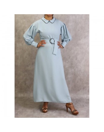 Robe longe ceinturée boucle écaille (Modest Fashion France) - Couleur Bleu clair 