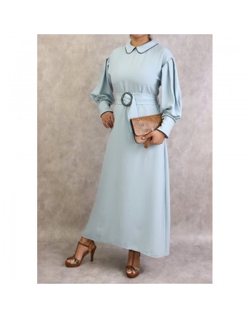 Robe longe ceinturée boucle écaille (Modest Fashion France) - Couleur Bleu clair 