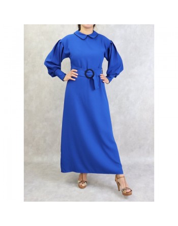 Robe longe ceinturée boucle écaille - Couleur Bleu roi 