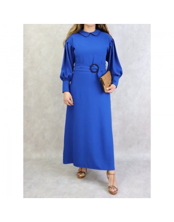 Robe longe ceinturée boucle écaille - Couleur Bleu roi 