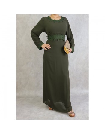 Robe maxi-longue avec broderies et strass - Couleur Vert Kaki 