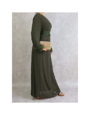 Robe maxi-longue avec broderies et strass - Couleur Vert Kaki 