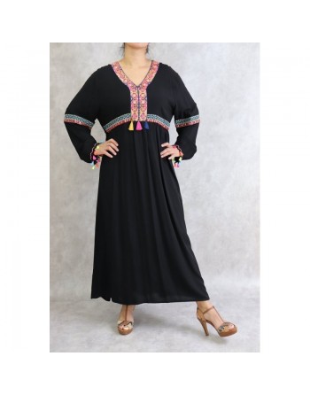 Robe noire longue et ample (large) avec broderies et petits pompons multi-couleurs (100 % coton) 