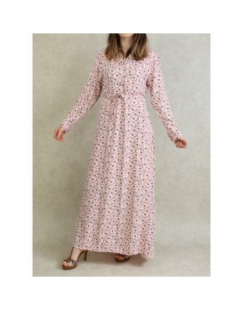 Robe longue 4 saison avec manches retroussables pour femme - Couleur Rose clair à motifs noirs fleuris 