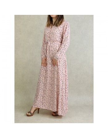 Robe longue 4 saison avec manches retroussables pour femme - Couleur Rose clair à motifs noirs fleuris 