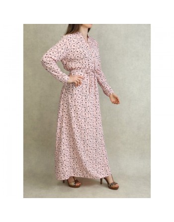 Robe longue 4 saison avec manches retroussables pour femme - Couleur Rose clair à motifs noirs fleuris 