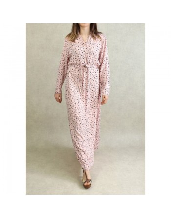 Robe longue 4 saison avec manches retroussables pour femme - Couleur Rose clair à motifs noirs fleuris 