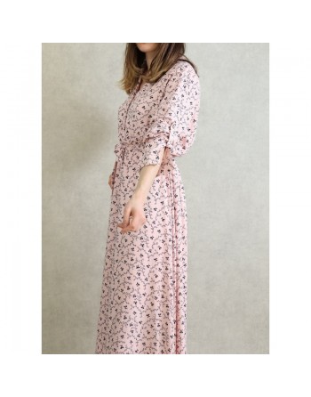 Robe longue 4 saison avec manches retroussables pour femme - Couleur Rose clair à motifs noirs fleuris 