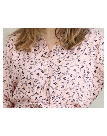 Robe longue 4 saison avec manches retroussables pour femme - Couleur Rose clair à motifs noirs fleuris 