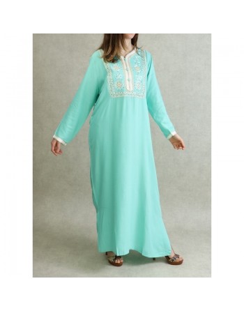Robe Algérienne avec broderies et strass - Couleur Vert Pastel 