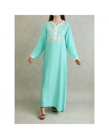 Robe Algérienne avec broderies et strass - Couleur Vert Pastel 