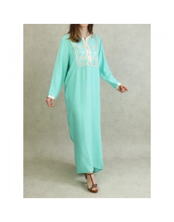 Robe Algérienne avec broderies et strass - Couleur Vert Pastel 
