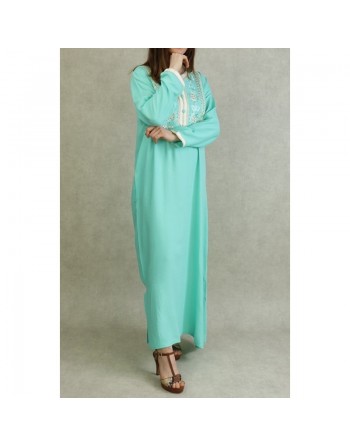 Robe Algérienne avec broderies et strass - Couleur Vert Pastel 