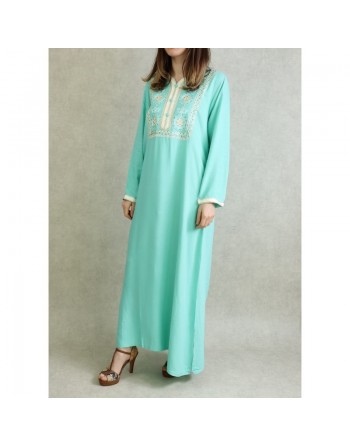 Robe Algérienne avec broderies et strass - Couleur Vert Pastel 
