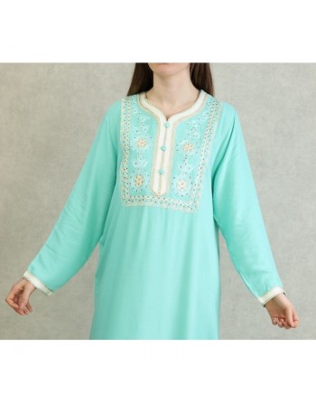 Robe Algérienne avec broderies et strass - Couleur Vert Pastel 