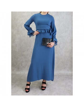 Robe longue fluide évasée casual chic à volants pour femme - Couleur bleu 