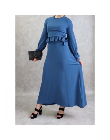 Robe longue fluide évasée casual chic à volants pour femme - Couleur bleu 