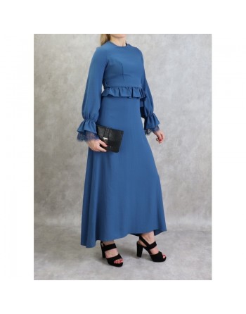 Robe longue fluide évasée casual chic à volants pour femme - Couleur bleu 