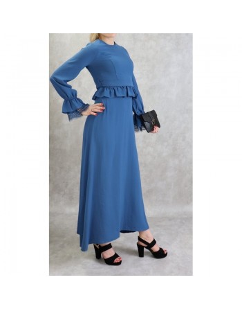 Robe longue fluide évasée casual chic à volants pour femme - Couleur bleu 