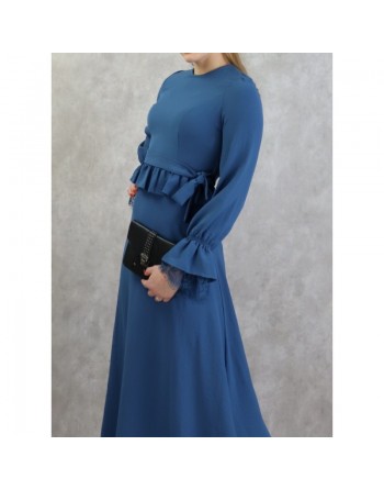 Robe longue fluide évasée casual chic à volants pour femme - Couleur bleu 