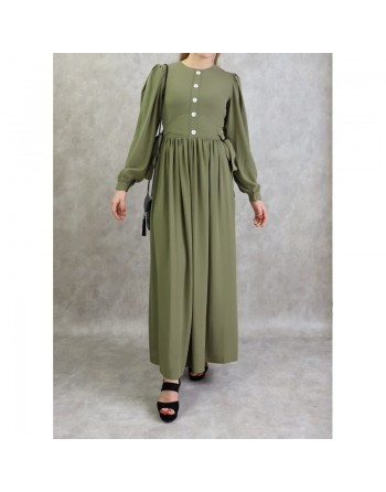 Robe longue froncée pour femme - Couleur kaki 