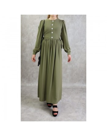 Robe longue froncée pour femme - Couleur kaki 