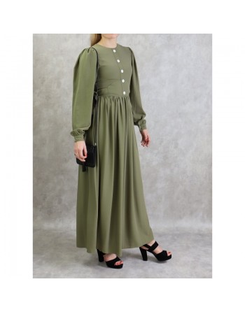 Robe longue froncée pour femme - Couleur kaki 