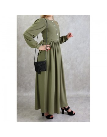 Robe longue froncée pour femme - Couleur kaki 