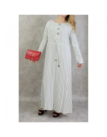 Robe à rayures à haut boutonné couleur Blanc 