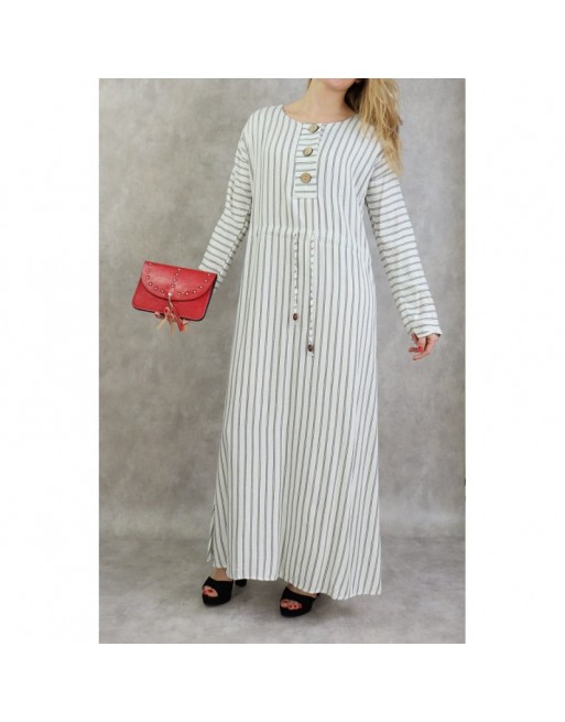 Robe à rayures à haut boutonné couleur Blanc Robe à rayures à haut boutonné couleur Blanc