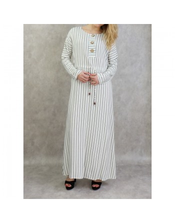 Robe à rayures à haut boutonné couleur Blanc 
