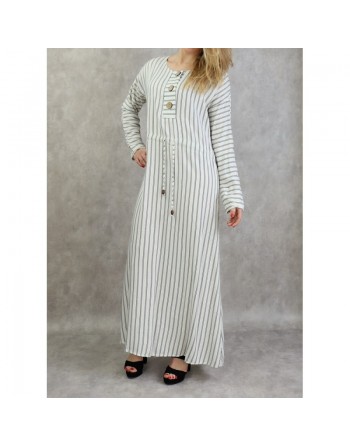 Robe à rayures à haut boutonné couleur Blanc 