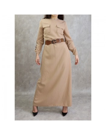 Robe longue évasée avec poches et ceinture marron - Couleur Beige 