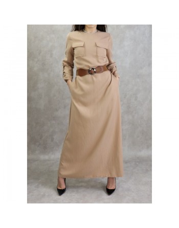 Robe longue évasée avec poches et ceinture marron - Couleur Beige 