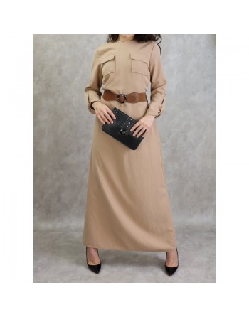 Robe longue évasée avec poches et ceinture marron - Couleur Beige 